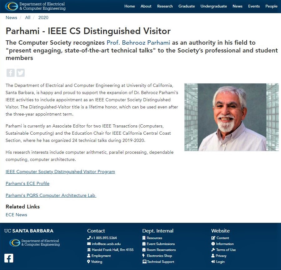 Announcement of my selection as an IEEE Computer Society Distinguished Visitor