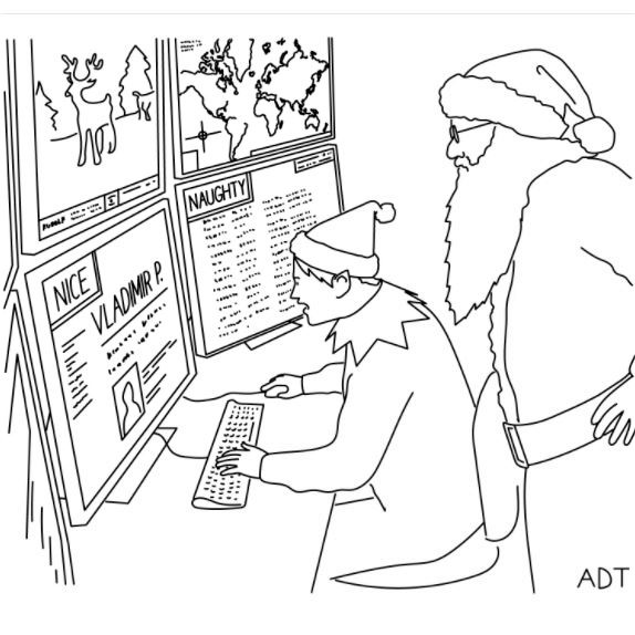 Cartoon: Either Vladimir's behavior has improved dramatically, or the Naughty and Nice Database has been hacked