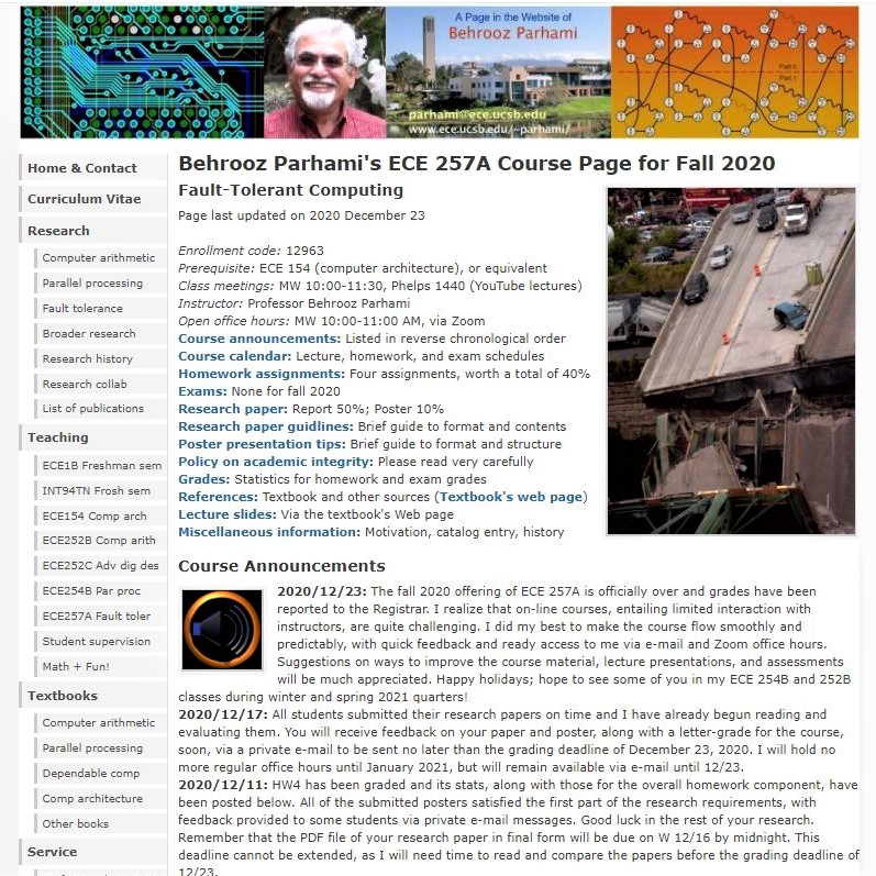 My fall 2020 UCSB grad course on fault-tolerant computing: Top of the Web page