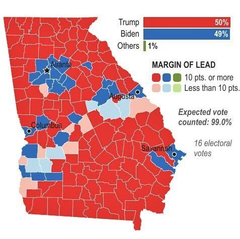 Georgia's red and blue counties during the 2021 Senate runoff races