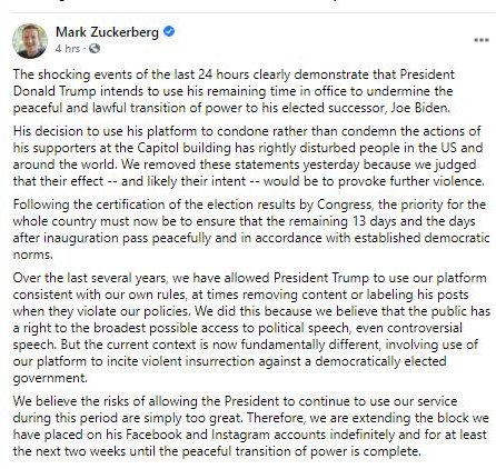 Mark Zuckerberg explains why Facebook has blocked Trump from posting