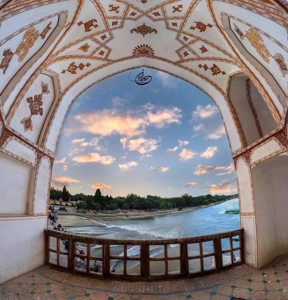 View of Zayandeh-Rud River from the special Royal Arch of Esfahan's Khaju Bridge