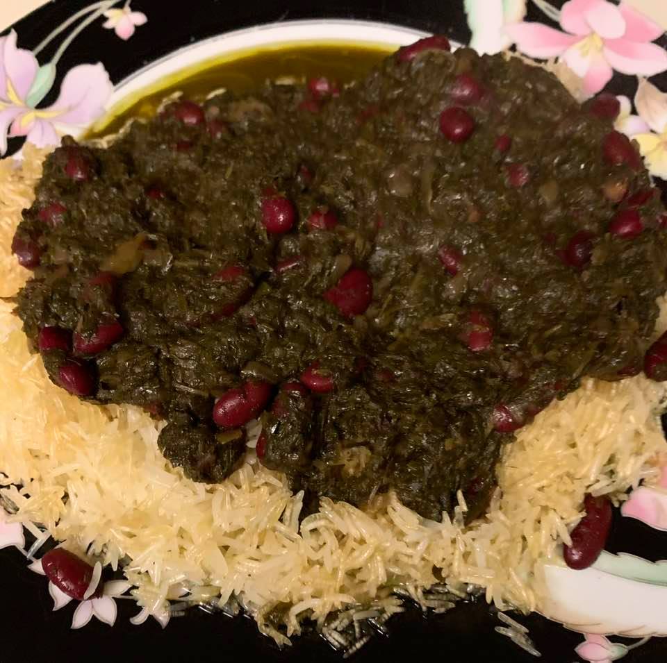 Persian cuisine: Tah-dig (crispy rice) with ghormeh-sabzi stew
