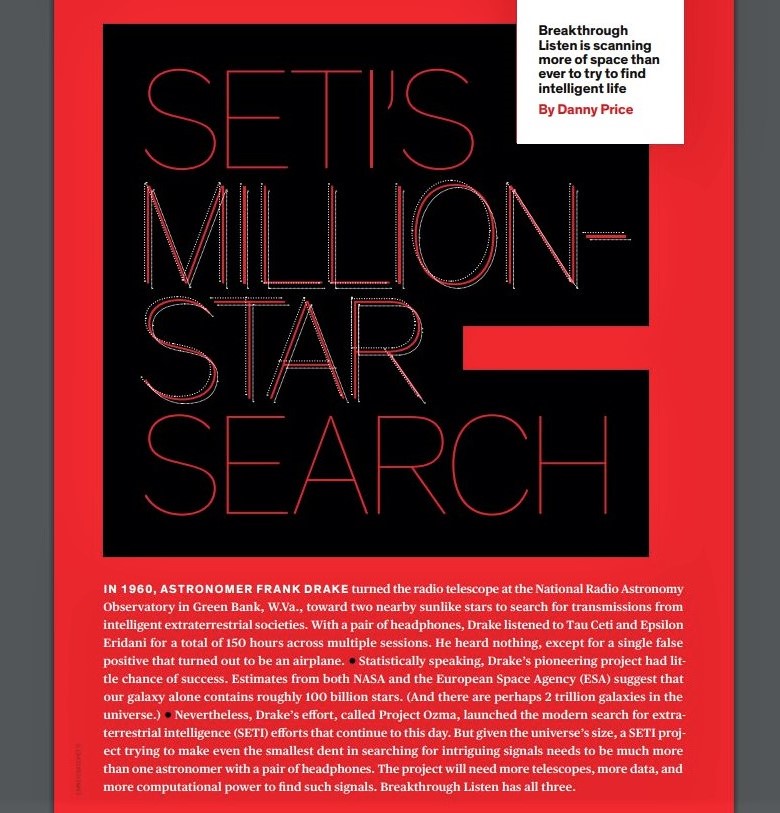 Image of the first page of an article on SETI in 'IEEE Spectrum' magazine, issue of February 2021