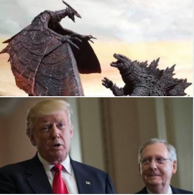 Images of Godzilla, Rodan, Mitch McConnell, and Donald Trump