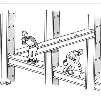 Cartoon (at a construction site): 'Escher! Get your ass up here'