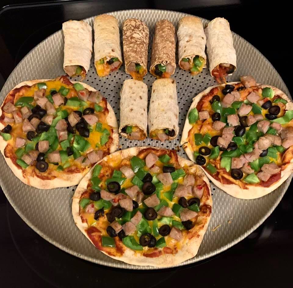 Pizza rolls made with lavash bread, and three pita-bread pizzas