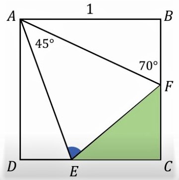 Math puzzle: ABCD is a square of side length 1. What is the measure of the angle AEF? What is the perimeter of the triangle CEF?
