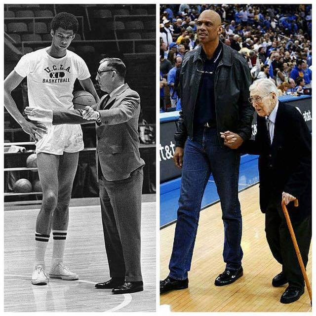 Two legends, a basketball coach and his player, in the late 1960s and the late 2000s