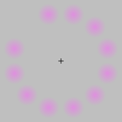 Optical illusion: Green dot chasing pink dots