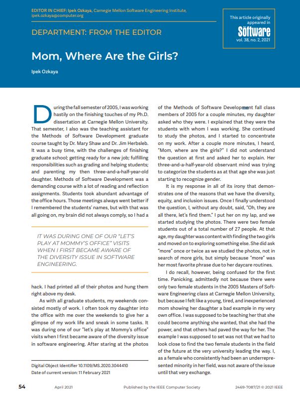 'Mom, Where Are the Girls?' is the title of an editorial in the April 2021 issue of 'IEEE Computing Edge'