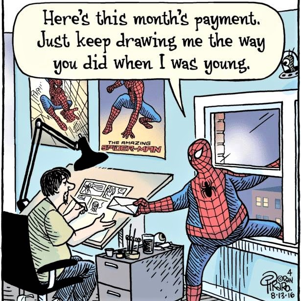 Cartoon: Spiderman in middle-age wants to be drawn the way he looked in his youth!