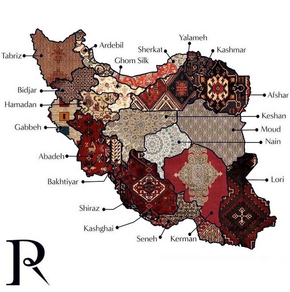 Carpet map of Iran: Shown are typical carpet design patterns for different provinces
