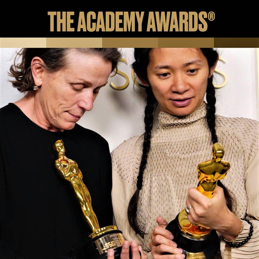 Chloe Zhao and Frances McDormand, after receiving their Oscars