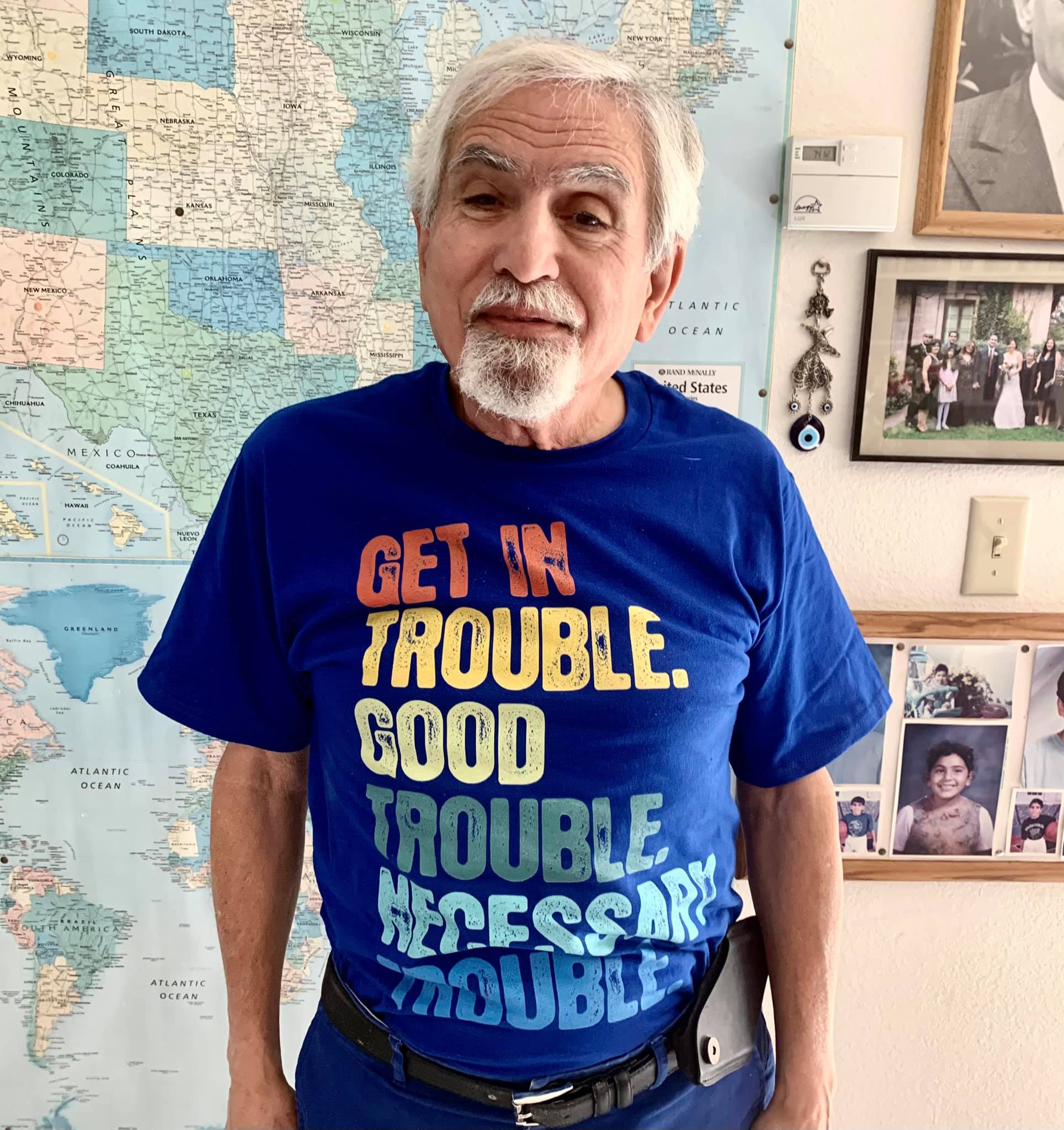 Yours truly, wearing a T-shirt with John Lewis's words: 'Get in trouble. Good trouble. Necessary trouble'
