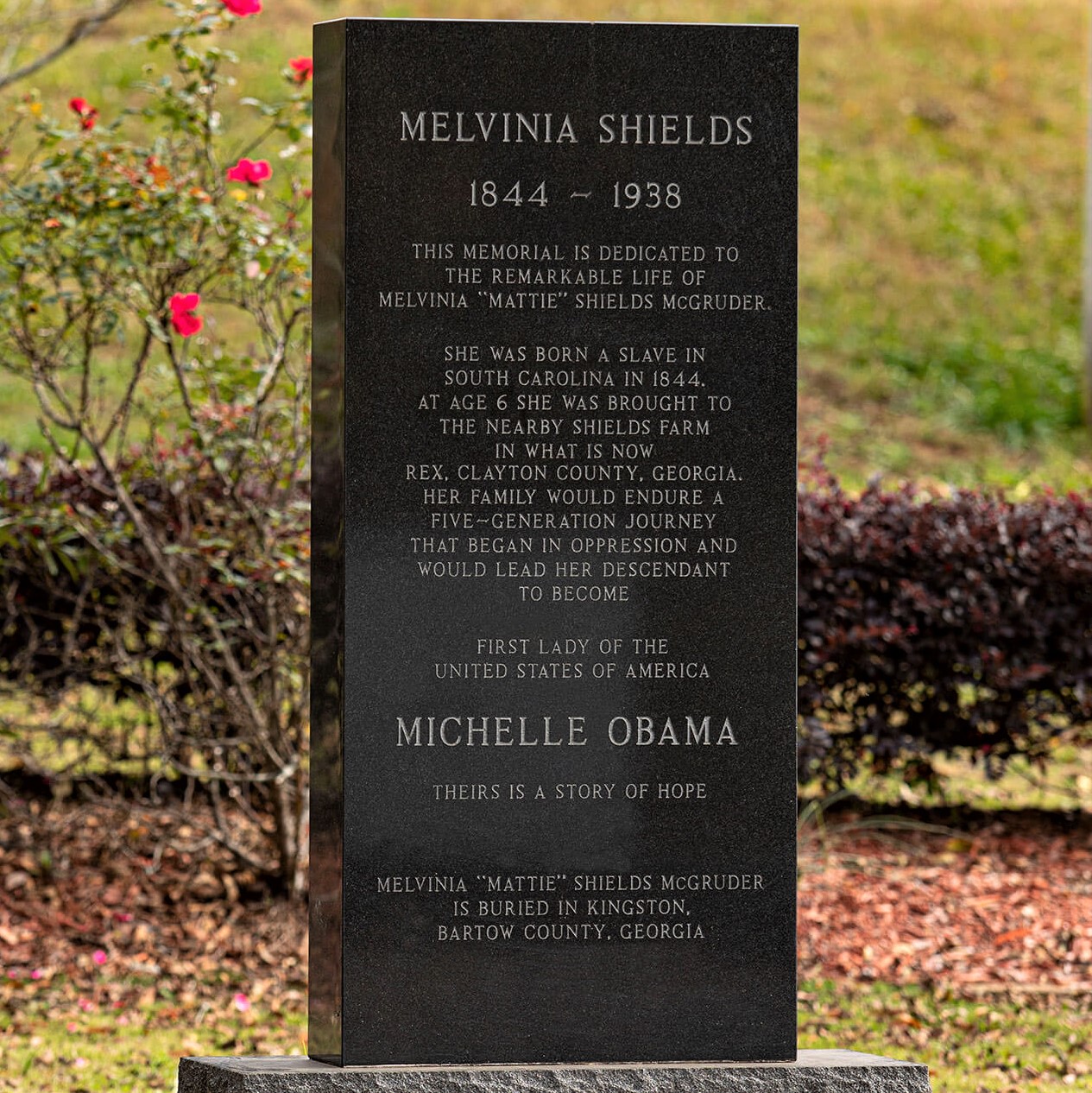 Monument in memory of Michelle Obama's ancestor, Melvinia Shields, who was born a slave five generations ago