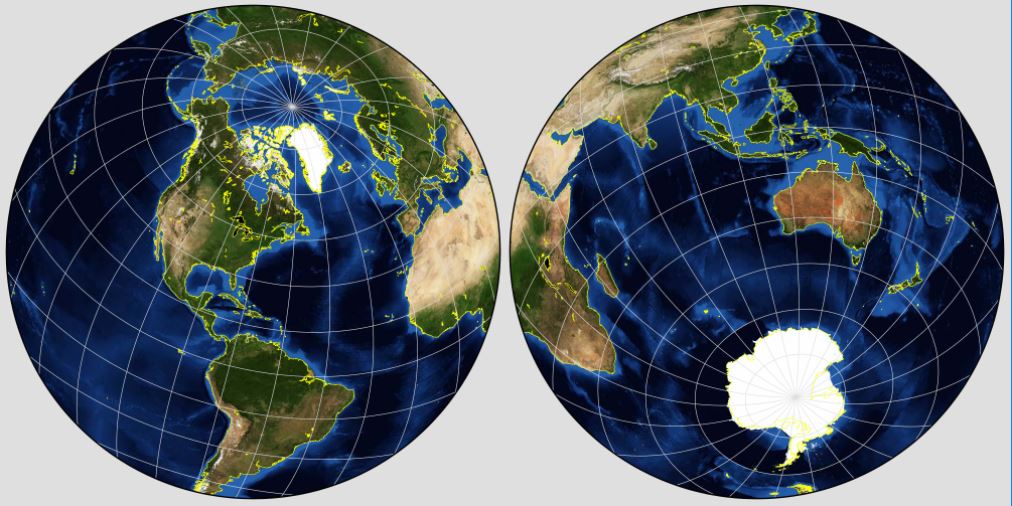 NASA maps of the two hemispheres, focused on the North and South Poles