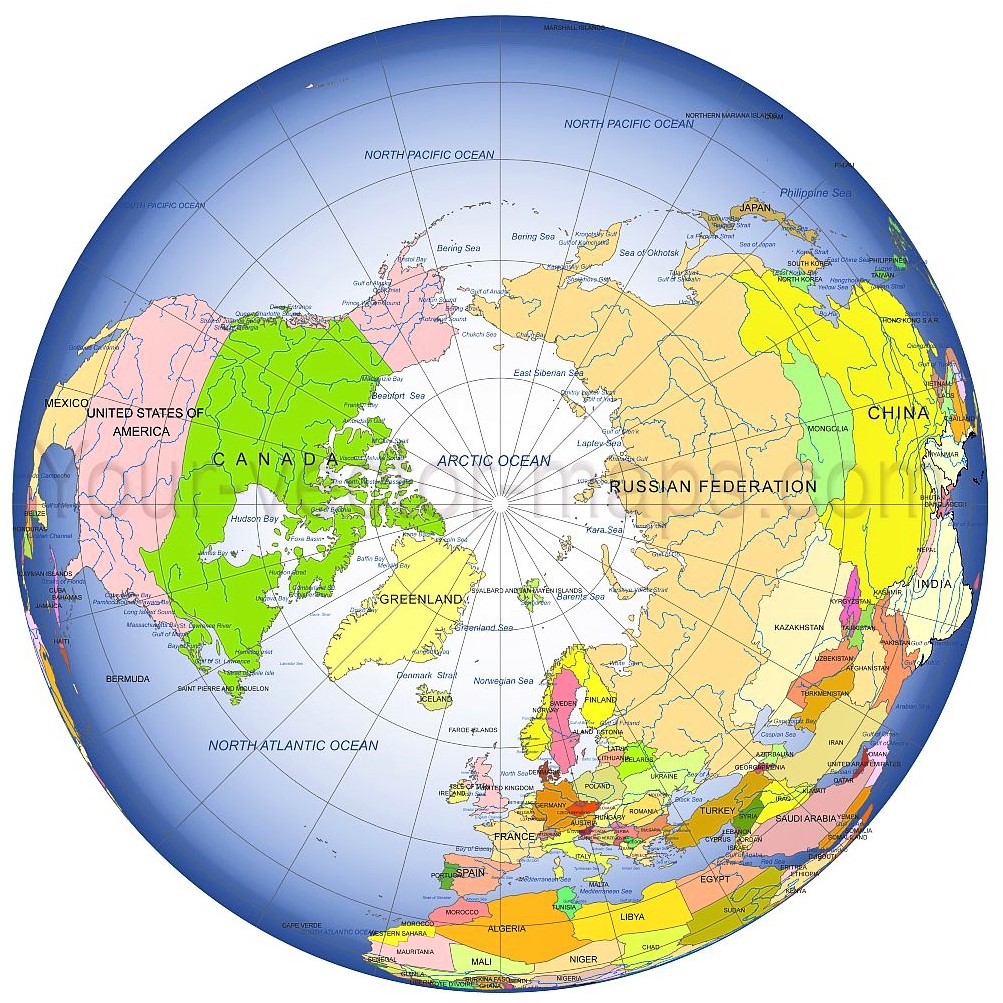 World map centered at the North Pole