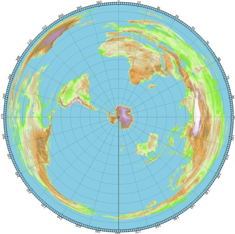 World map centered at the South Pole