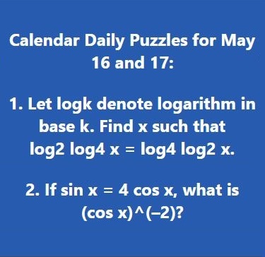 Calendar Daily Puzzles for May 16 and 17