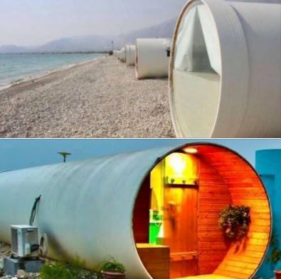 Hotel in southern Iran, with rooms built of large industrial plastic pipes