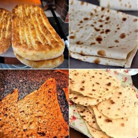 The four main kinds of bread used in Iran: Barbari, lavash, sangak, and taftoon