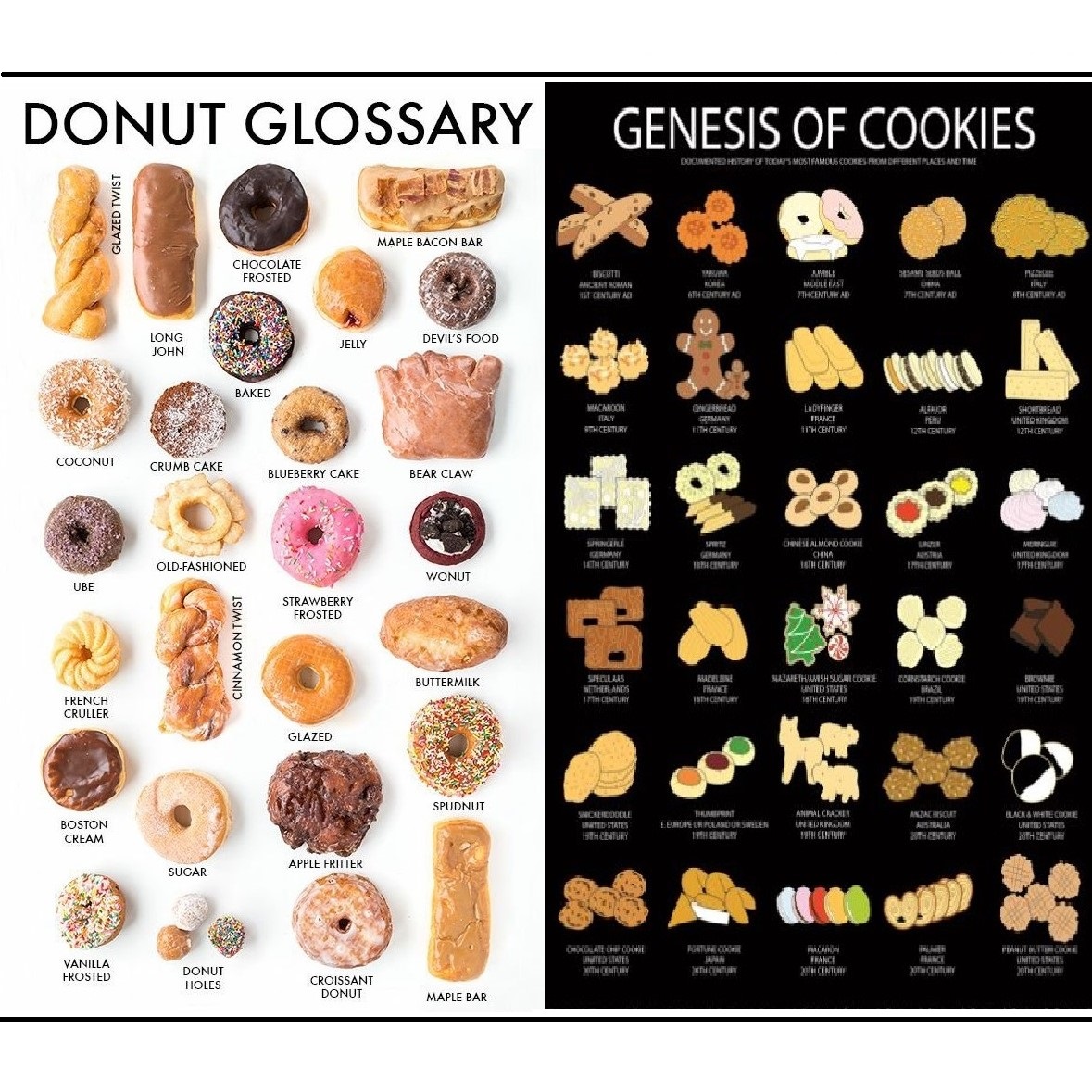 A donut glossary and a historical chart for cookies