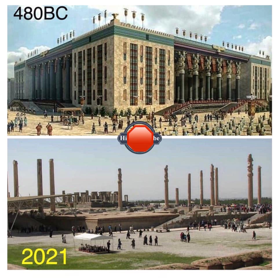 Persepolis, as it stood 2500 years ago in central Iran, and its ruins today