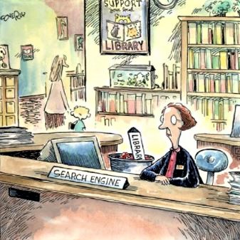 Cartoon: Librarian trying to make herself more-relevant to library patrons