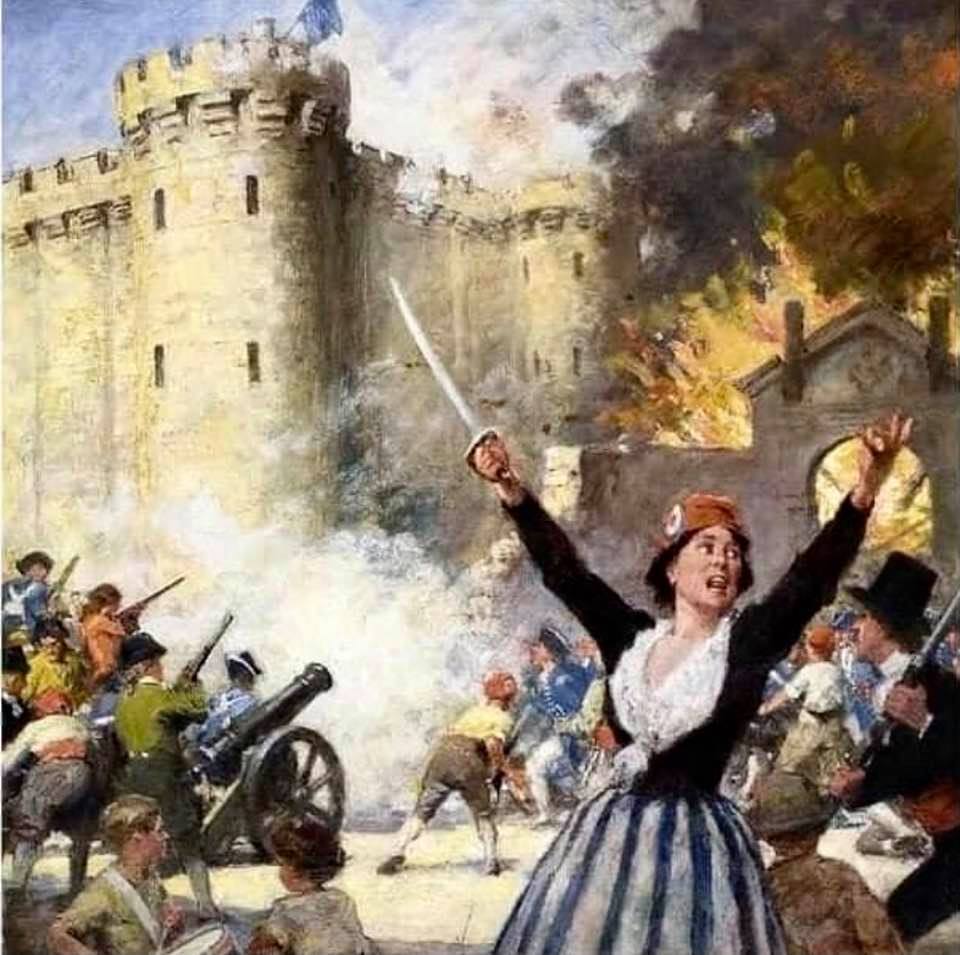 Political humor: Cheerful French tourists visit the Bastille in 1789