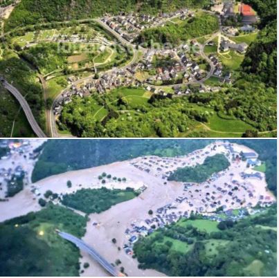 Before and after photos showing flood devastation in Germany