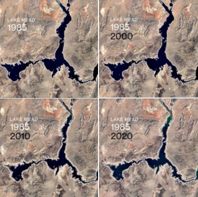 Visualizing the drought in southwestern US: Hoover Dam's Lake Mead in 1985, 2000, 2010, and 2020, in satellite images