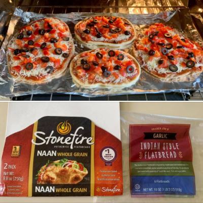 Making pizzas with two different kinds of naan flatbread, from Ralphs and Trader Joe's