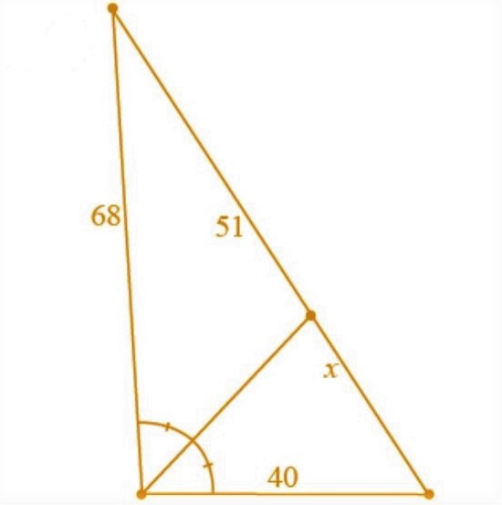 Math puzzle: Find the length x, assuming that the line inside the triangle bisects the angle on the lower left