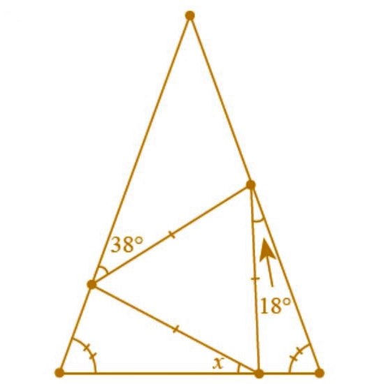 Math puzzle: Find the angle x in this diagram showing an equilateral triangle embedded in an isosceles triangle