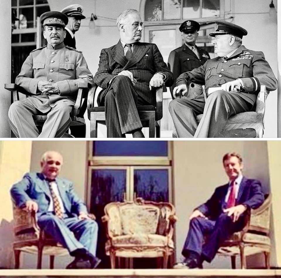 Russian and British diplomats in Tehran recreate a famous photo from the Tehran 'Big Three' conference of 1943