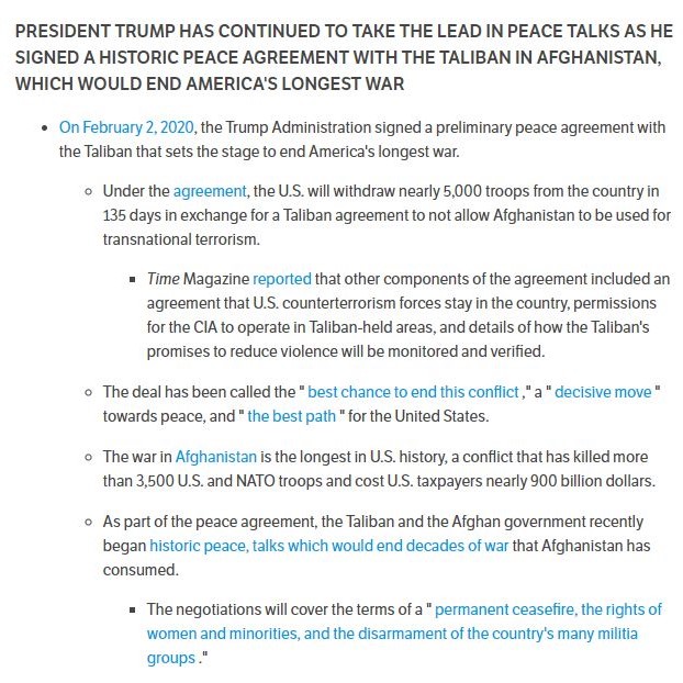 Image from an archived version of GOP's Web page praising Trump's deal with the Taliban