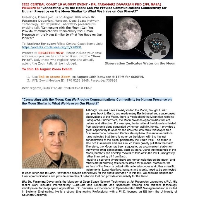 IEEE Central Coast Section technical talk by Dr. Faramarz Davarian (JPL), Aug. 18, 6:30 PM PDT