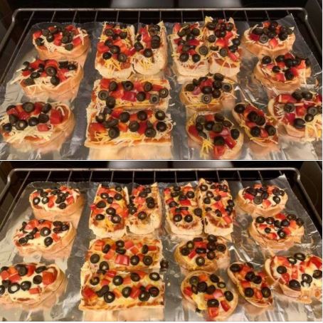 Mini-pizzas: French baguette & sliced French loaf, with veggie toppings