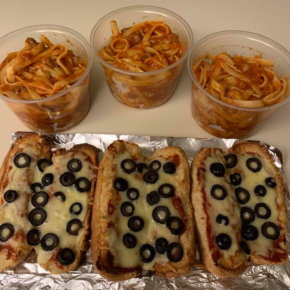 Tonight's kitchen productions: A small batch of pasta with meat sauce, and attempt at salvaging some old hot-dog buns by turning them into pizzas