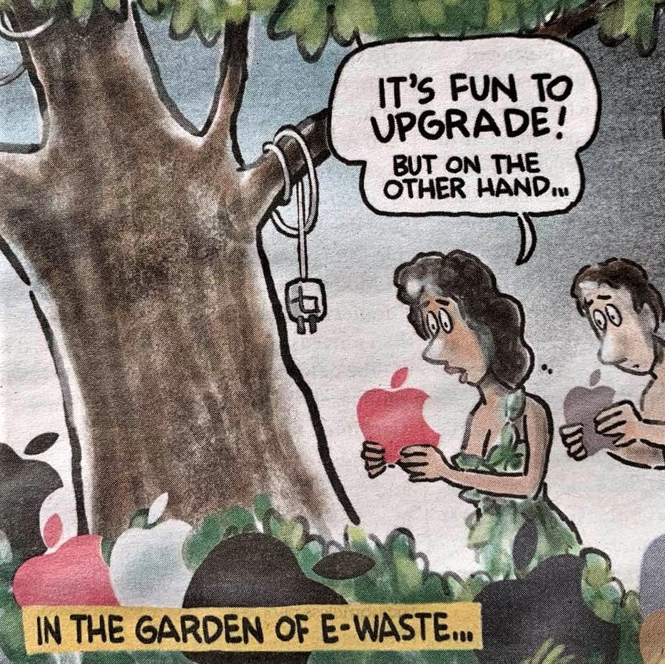 To upgrade or not to upgrade: Temptation in the Garden of E-Waste (cartoon about Apple iPhone-13