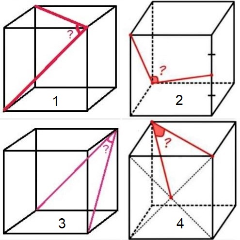 Four math puzzles involving angles between lines within a cube