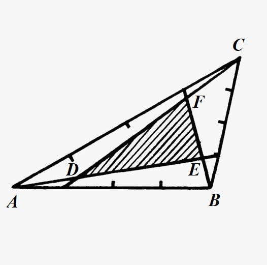 Math puzzle: In a triangle, each of the sides is divided into four equal parts and lines drawn as shown in the diagram. What is the ratio of areas of the two triangles?