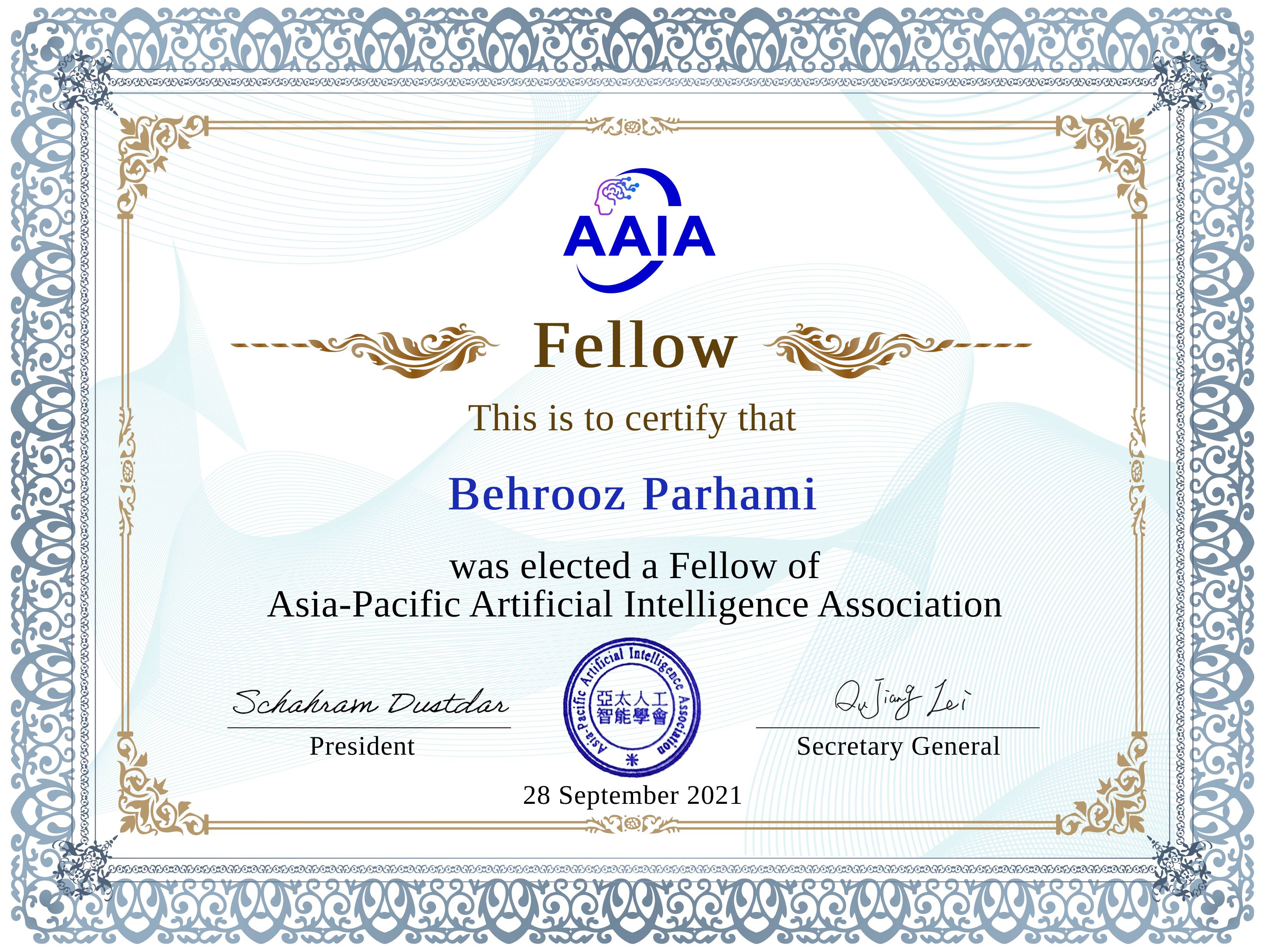 My certificate of Fellowship in Asia-Pacific Artificial Intelligence Association