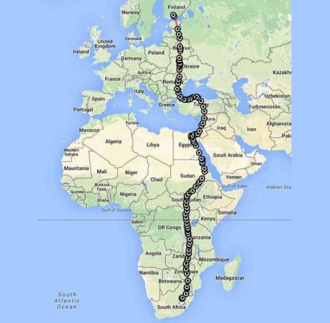 The route taken by a female falcon, as it flew 10,000 km, from South Africa to Finland