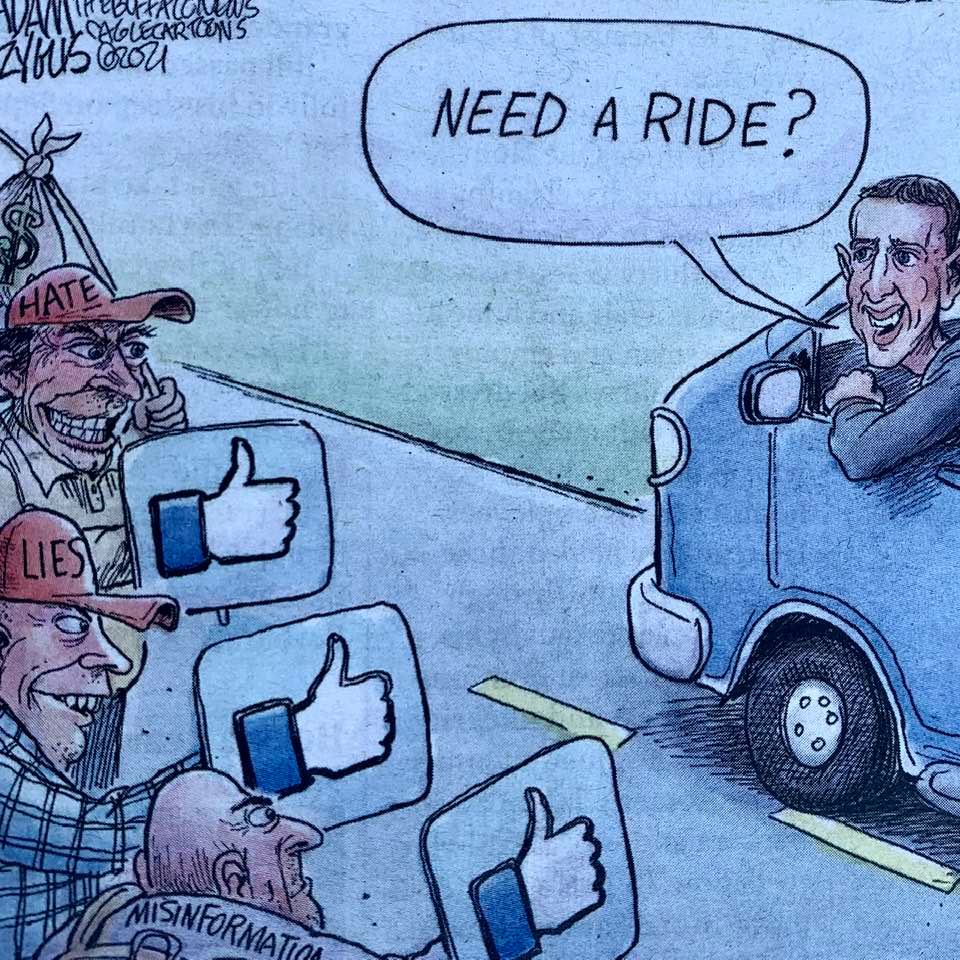 Cartoon: Haters, liars, and misinformation spreaders hitching a ride on Facebook