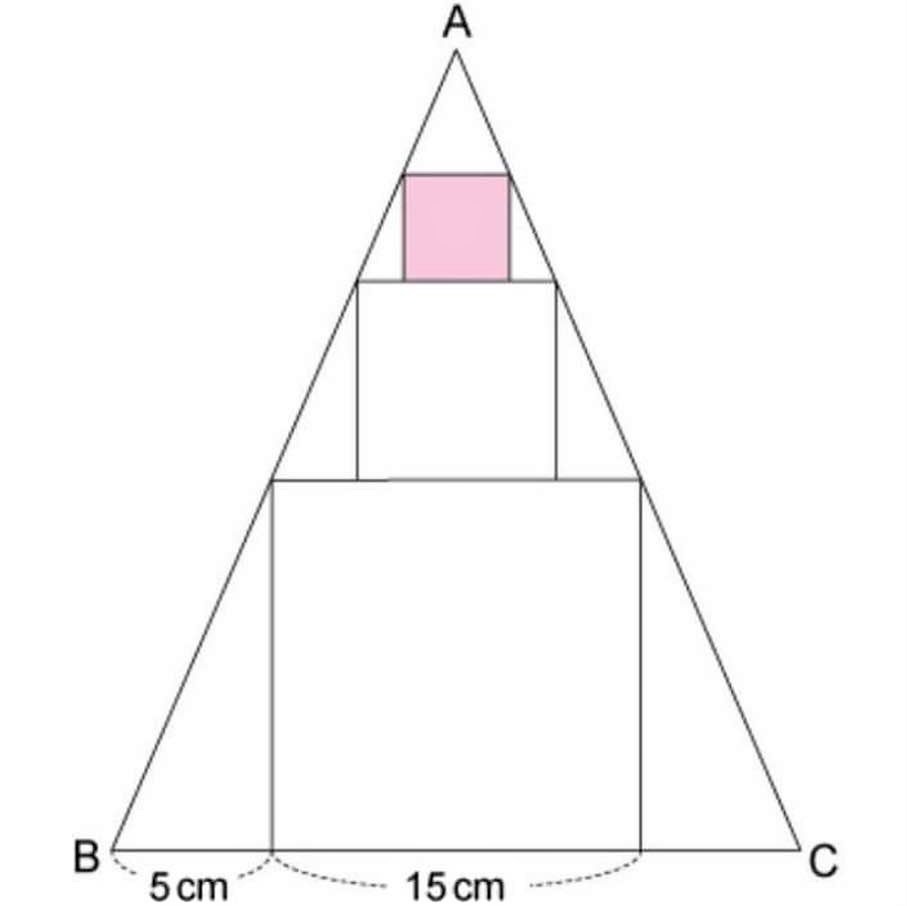 Math puzzle: Three squares are embedded in an isosceles triangle, as shown. What is the area of the smallest square?