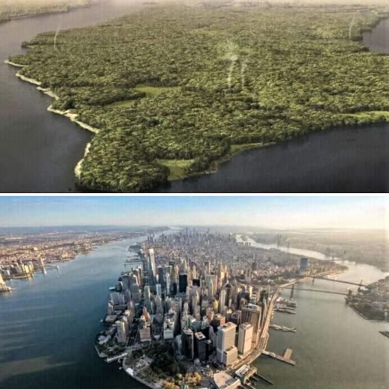 New York's Manhattan Island, before 1600 and in 2021