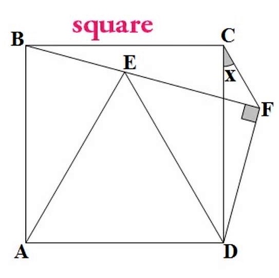 Math puzzle: In this diagram, the lengths AE and DE are equal to the square's side length. Find x