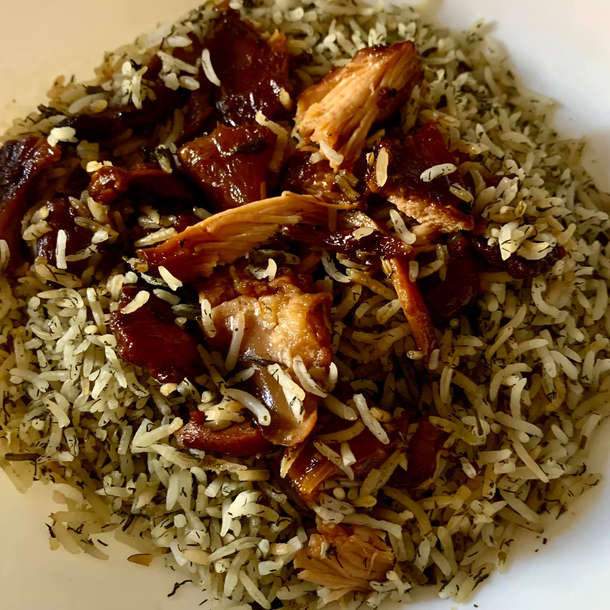 My new invented dish: Sabzi-polo (Persian herb-rice) with teriyaki chicken, put together from leftovers!